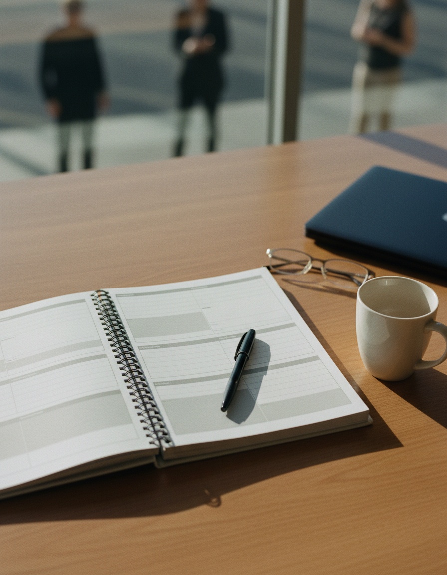 Overhead view of an open psychosocial risk assessment workbook on a timber desk with a pen, reading glasses and a coffee mug in soft natural light