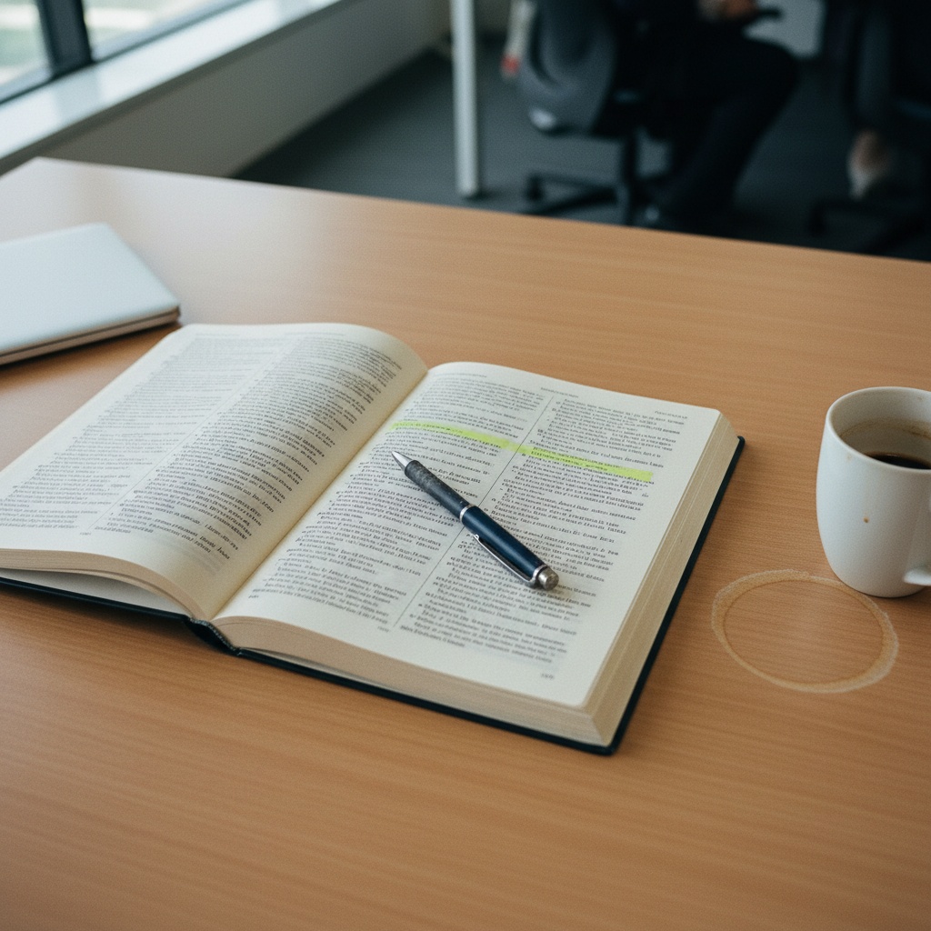Close-up overhead view of a thick printed compliance manual open on a desk, dense paragraphs faintly highlighted, a capped pen and cold coffee set aside
