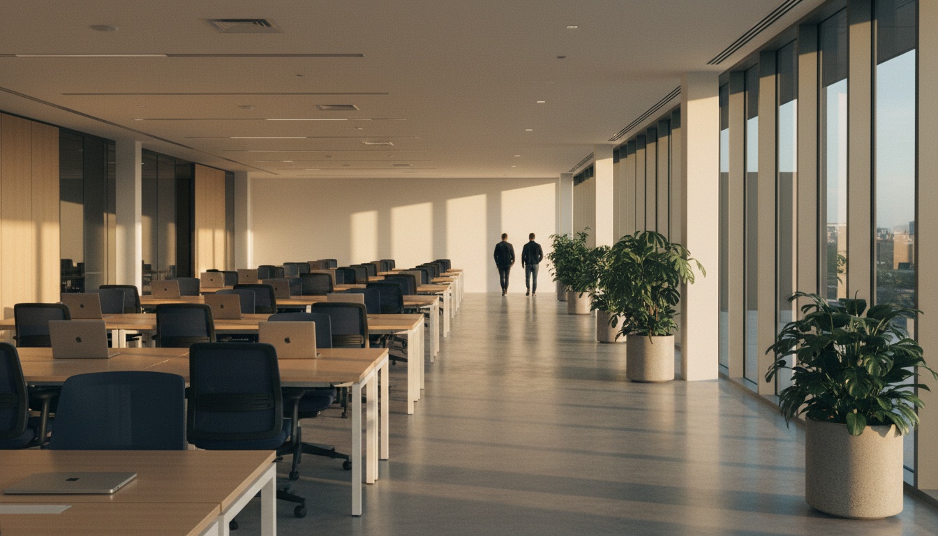 Wide architectural view of an empty Australian open-plan office at golden hour, with rows of unoccupied desks and warm light from tall windows