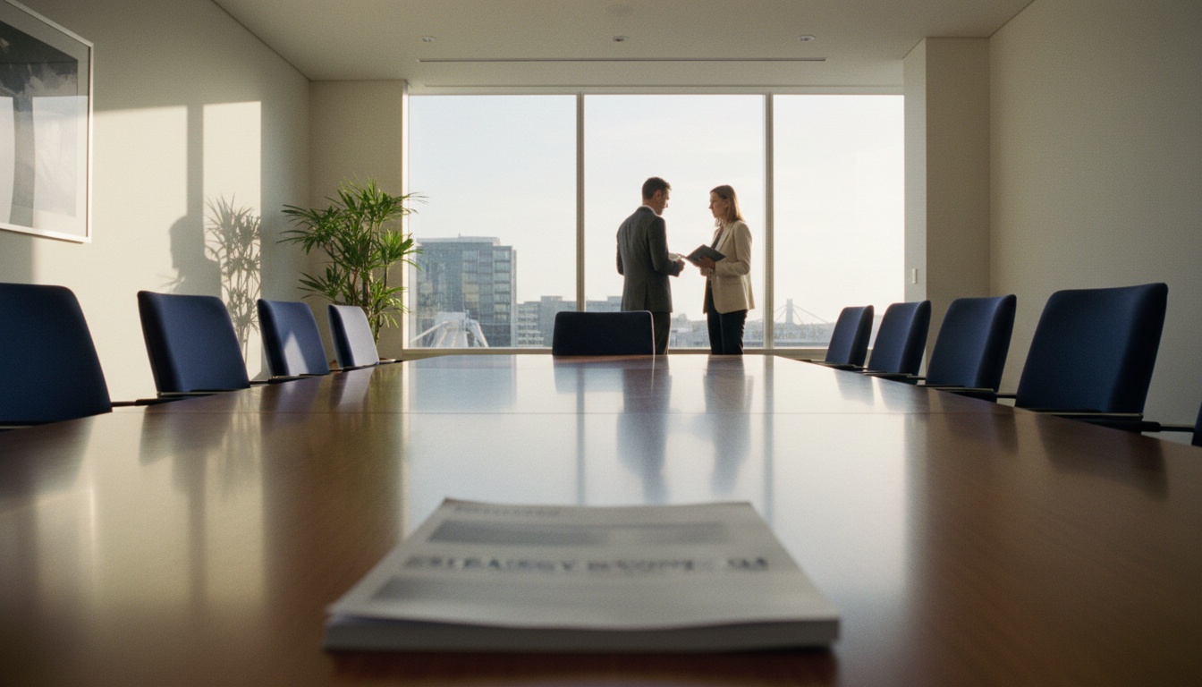 Two professionals reviewing a printed report in an Australian workplace boardroom, viewed across an empty timber meeting table