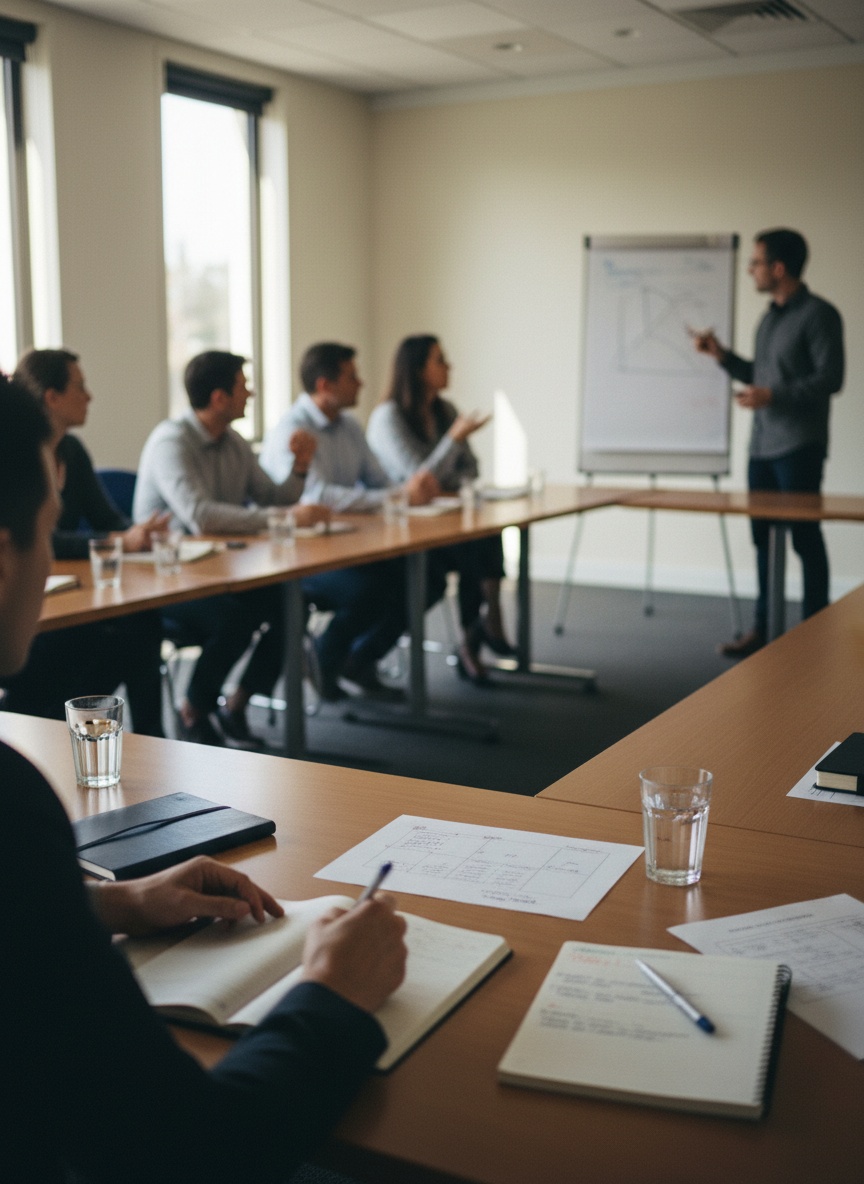 Workplace adults seated around a U-shape of tables in active group discussion, with a Rubric training facilitator at a flip-chart pad