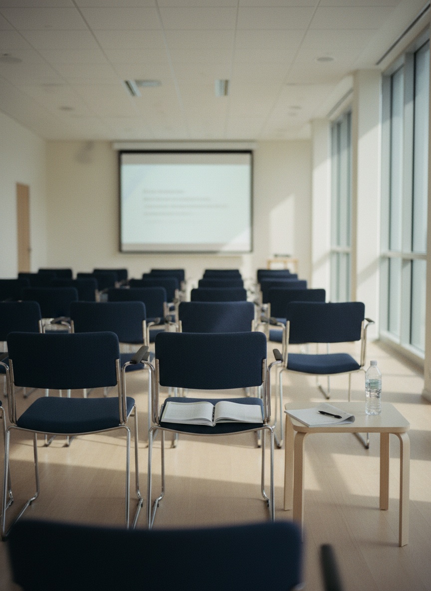 A workplace training room with rows of chairs facing a screen, soft daylight from tall windows